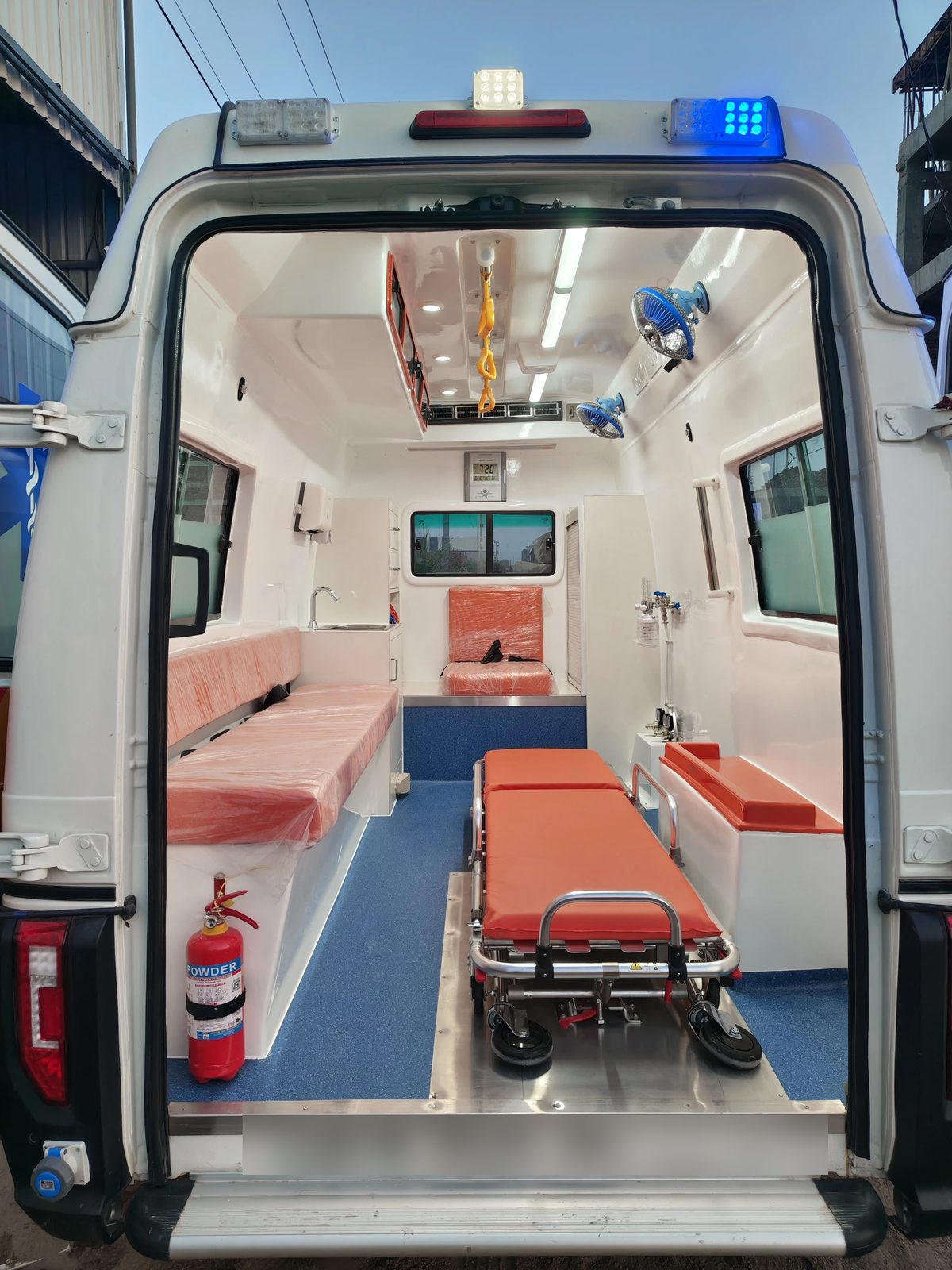 Advanced life support ambulance interior seen from the rear doors