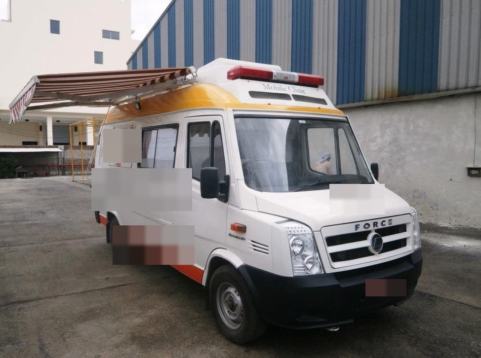 Completed mobile clinic van outside the Svastya factory
